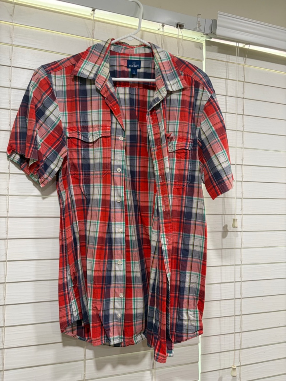 Old Navy Red Navy Plaid Short-Sleeve Button-Down Shirt - Men's